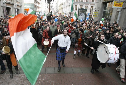 Revellers take part in a St Patrick's Day parade in central Moscow
