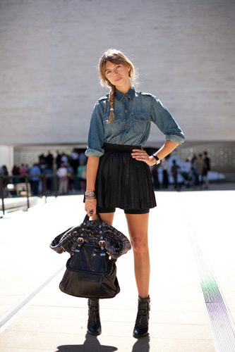 denim-shirt-pleated-leather-skirt