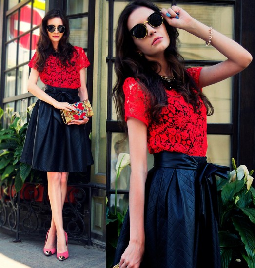 lace-leather-pleated-skirt
