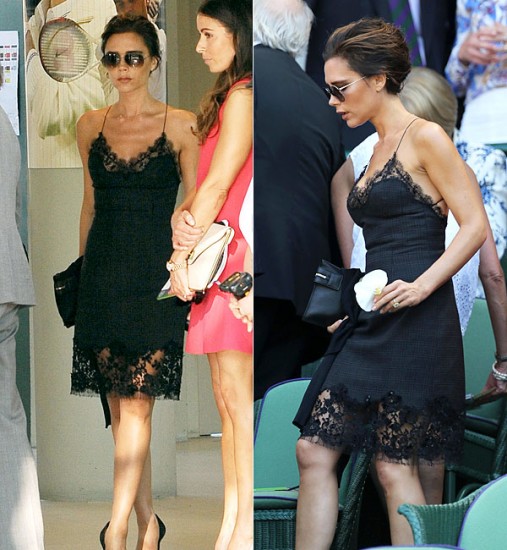 Μαύρο lingerie φόρεμα για τη Victoria Beckham που συνδύασε με μαύρες γόβες και μαύρη τσάντα-φάκελο