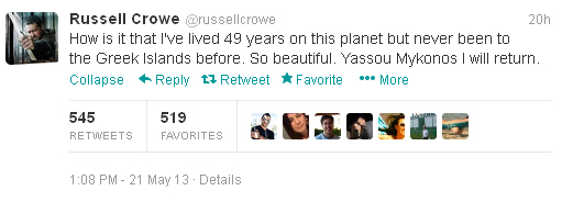 Το tweet του Russell Crowe εκφράζει το θαυμασμό του για τη Μύκονο, μέσω Twitter