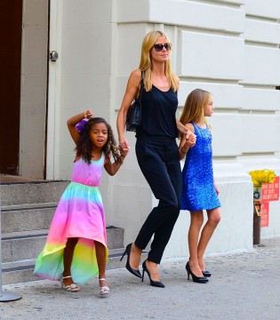 Heidi Klum and her daugters Lou Samuel and Leni Samuel both sport heels as they step out of Nobu restaurant with their supermodel mother in NYC
