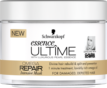 Μάσκα μαλλιών της σειράς Schwarzkopf essence ULTIME με την υπογραφή της Claudia Schiffer : Omega Repair πλούσιο σε Οmega Οils επαναδομεί τα κατεστραμμένα και ταλαιπωρημένα μαλλιά και προλαμβάνει τη δημιουργία της ψαλίδας