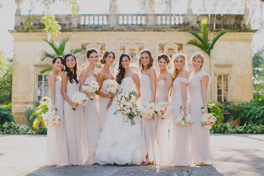 bridesmaids in blush Dessy dresses at Vizcaya / photo by darlingjuliet.com