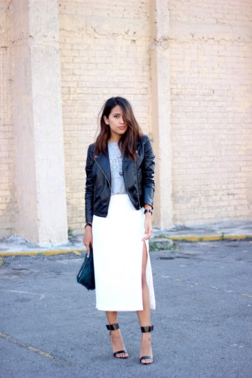 biker jacket + midi φούστα