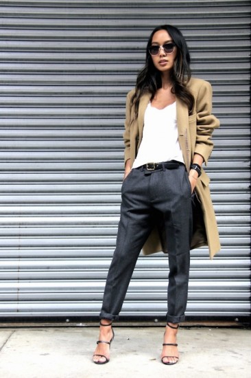 Le-Fashion-Blog-Fall-Office-Style-Work-Look-Camel-Coat-Sunglasses-V-Neck-White-Tee-Leather-Belt-Grey-Pants-Buckled-Strap-Heels-Via-Linh-Niller