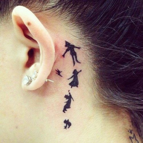 Silhouette-Disney-Characters-Tattoo-On-Girl-Behind-The-Ear