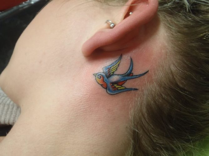 Traditional-Bird-Tattoo-On-Left-Behind-The-Ear