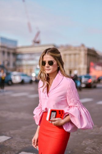 vbagn3-l-610x610-shirt-tumblr-pink+shirt-blouse-pink+blouse-puffed+sleeves-skirt-red+skirt-streetstyle-sunglasses-spring+outfits-bell+sleeve+shirt-red+pencil+skirt-blogger-date+outfit-sexy+outfit