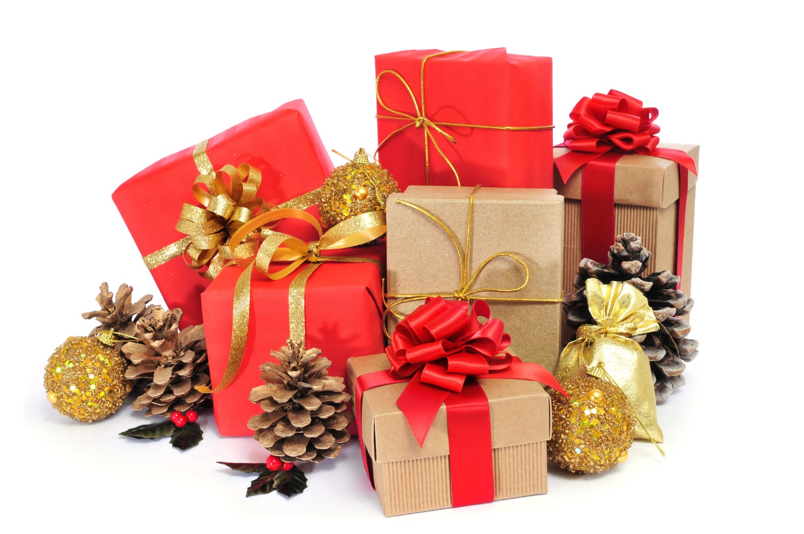 some christmas gifts wrapped with wrapping paper of different colors and ribbon bows, and some christmas ornaments on a white background